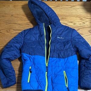 Eddie Bauer Kids Puffer Jacket in Blue and Navy with Neon Accents